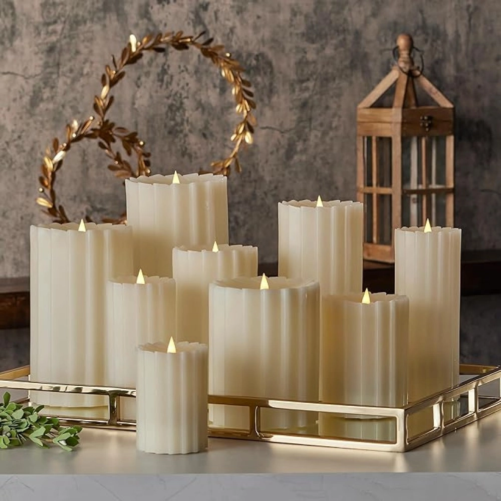 Fluted Seasonal Realistic Motion Flameless Electric LED Pillar Candle | 3D Moving Flame | Adjustable Brightness 