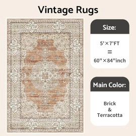 5x7 Washable Vintage Rug: Oriental Rugs for Living Room Non Slip Backing Stain Resistant Large Indoor Carpet for Bedroom